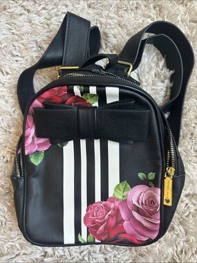 Betsey Johnson Black Mini Backpack with Pink Rose Print and White Stripes